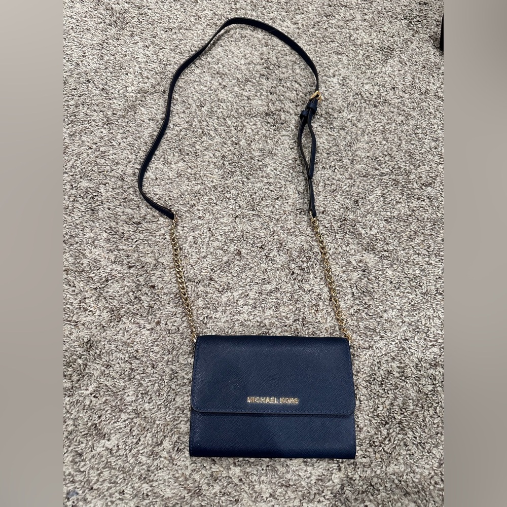 Michael Kors Dark Blue Crossbody Bag with Gold Chain